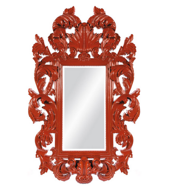 Bold red colored Hollywood Regency style mirror - Strong Baroque influence