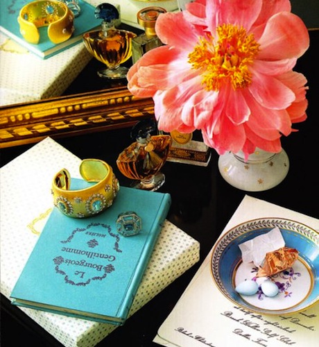 Coral flower Tiffany blue book gold cuff teacup saucer vingette