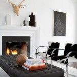 Black and white living room with fire