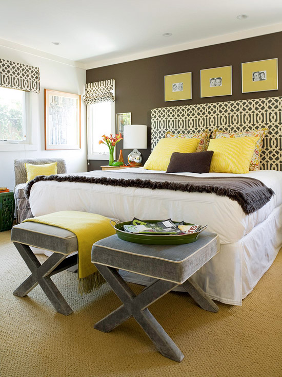 Bedroom with yellow and chocolate styling