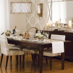 Dining room with greige patterned wallpaper
