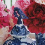 blue and white ceramic with pink peonies