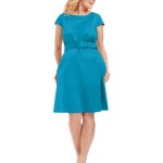 Spense Plus Size ladylike blue Dress Cap-Sleeve Belted A-Line