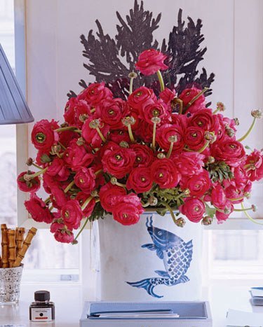 Dark pink anemones in a white vase with blue fish imprint sitting on table