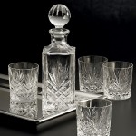Photos of lucite crystal and glass - whisky decanter and crystal glasses