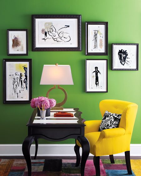 Bright colourful home office - yellow green black