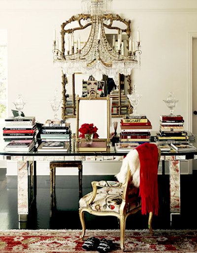 mylusciouslife.com - beautiful desk area with books and chandelier